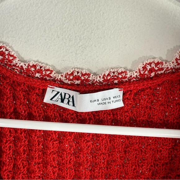 Zara Red White Pointelle Knit Scallop Hem Mini Dress Small Blogger Favorite - Picture 10 of 15